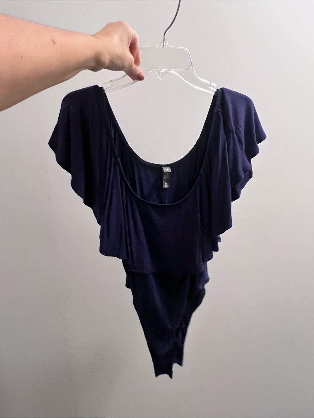 Francesca's Collections Navy Off-Shoulder Ruffle Bodysuit - Picture 2 of 3
